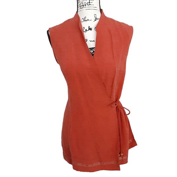 Susan Bristol Wrap Vest Silk Linen Blend Tie Waist Rust Orange Womens L Autumn - Picture 1 of 13